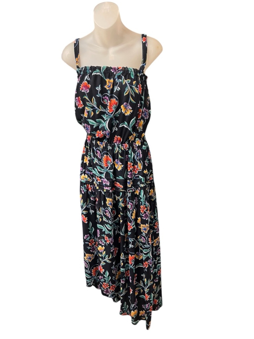 Ramy Brook Floral Tiered Midi Dress Small Black Boho Adjustable Strap Resort - Picture 6 of 9